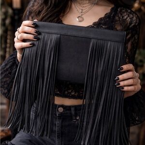 Black Fringe Clutch Bag Faux Leather Boho Western Festival Statement Purse